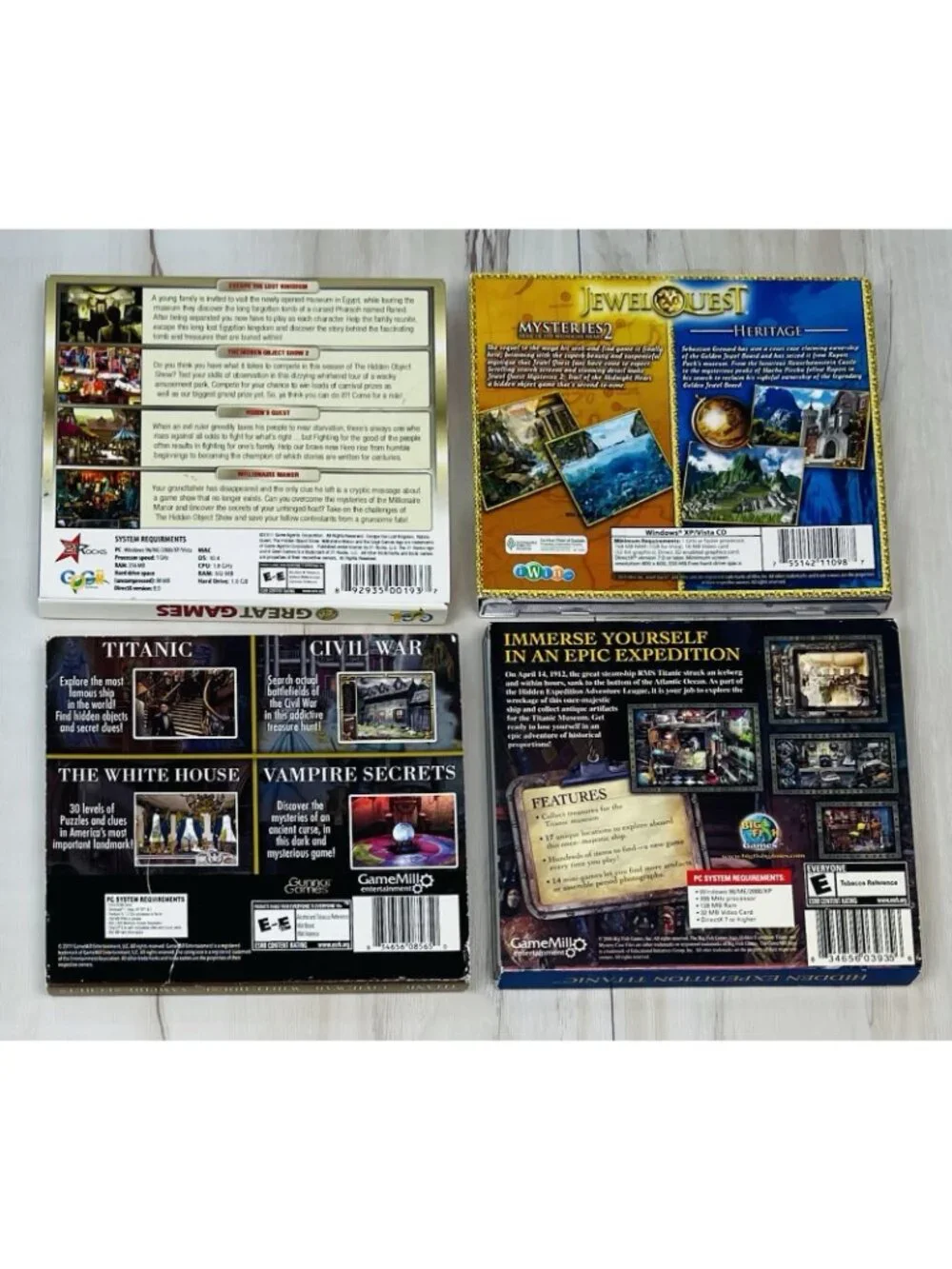 Lot 7 Windows PC GAMES CD-Rom Hidden Mysteries JewelQuest Bejeweled Titanic Card